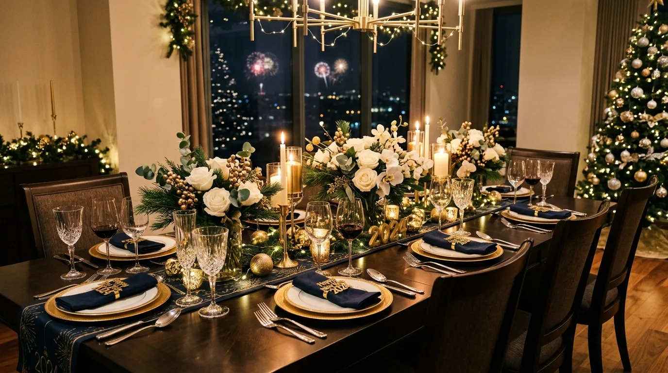 Keep balloons or novelty accents more controlled and selective inspiration for a New Year celebration setting.